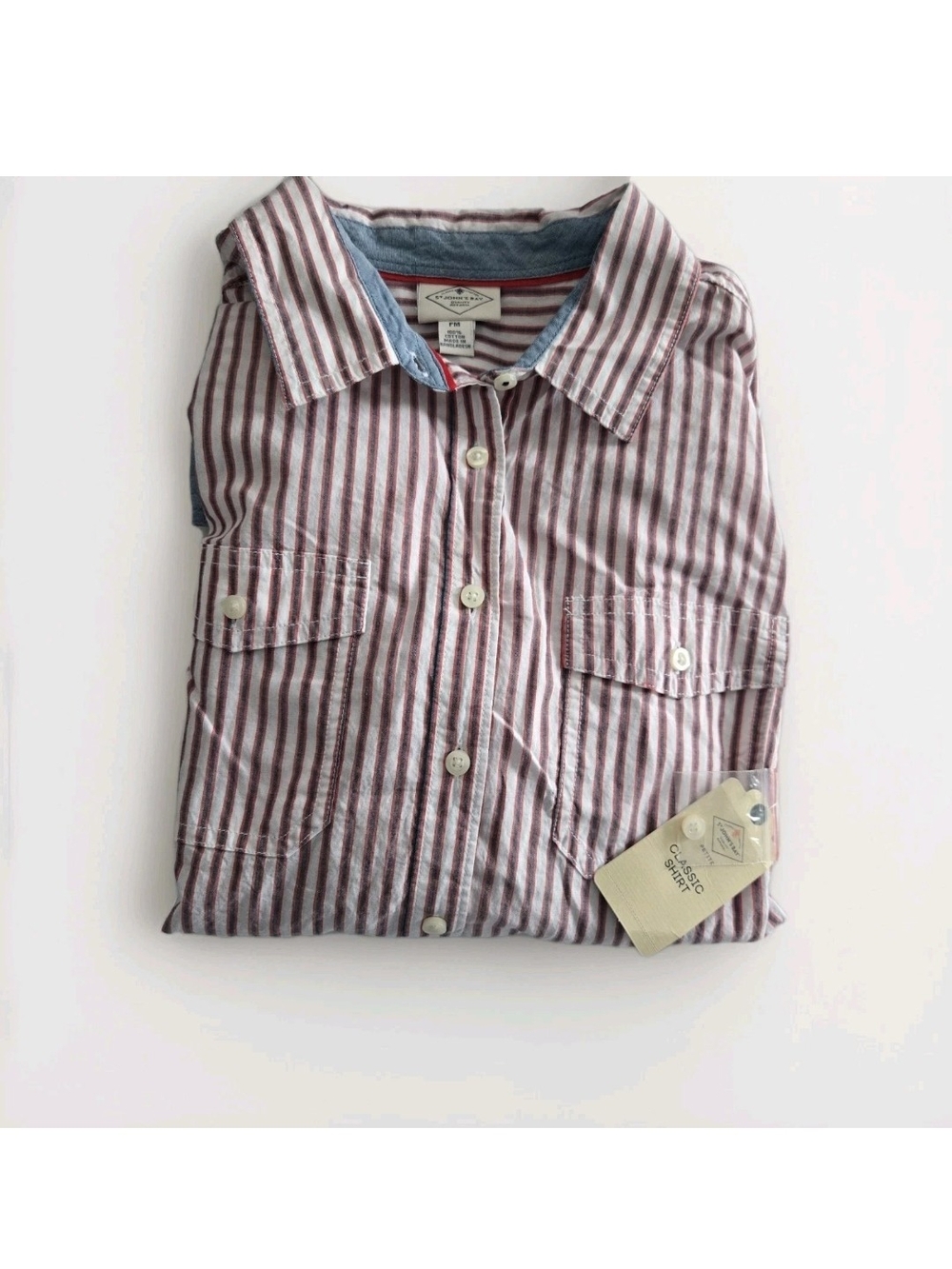 St Johns Bay PM Red And White Striped Button Up Dress Shirt Blue Cuffed Sleeve